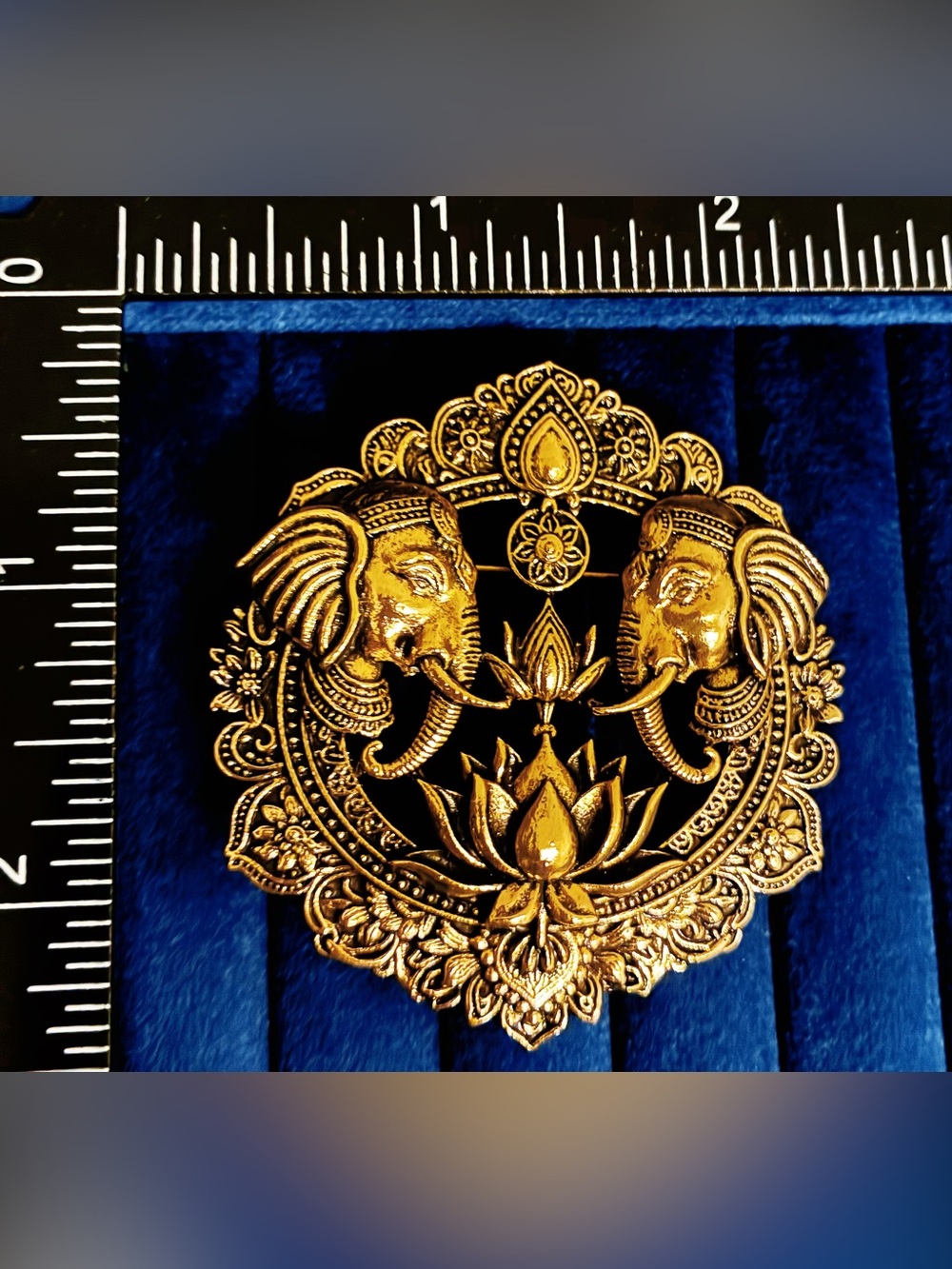 Statement Elephant Brooch Pin Gold Tone Rhinestone Enamel Ornate Indian